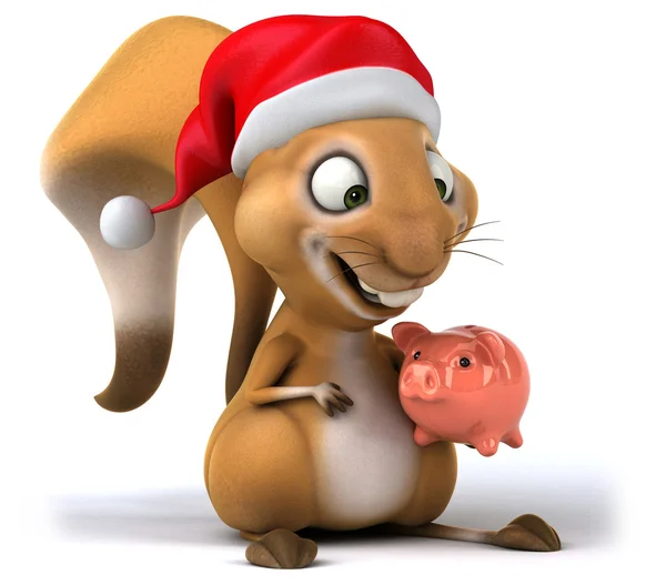 Leuk eekhoorn in kerstmuts met piggy bank — Stockfoto
