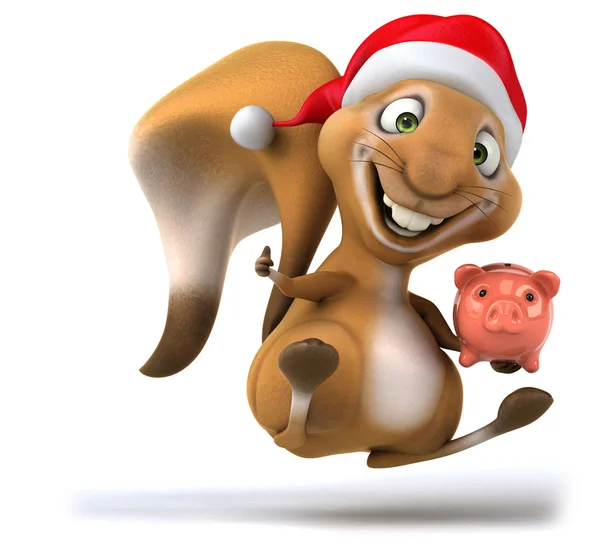 Fun squirrel in Santa's hat with piggy bank — Stock Photo, Image