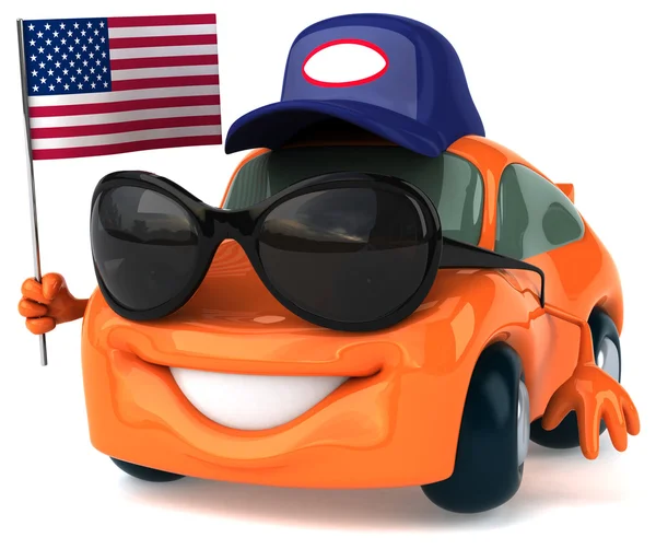 Funny car in cap holding american flag — Stock Photo, Image