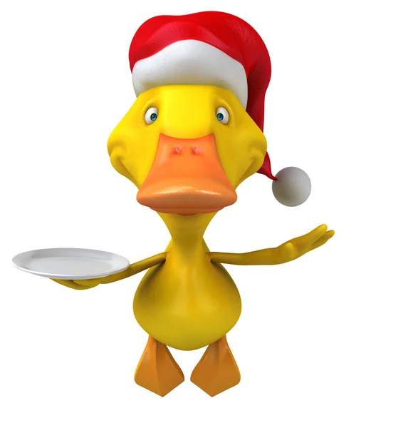 Pato divertido no chapéu do Papai Noel com prato — Fotografia de Stock