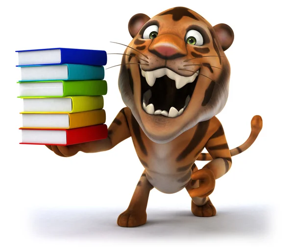 Веселый мультяшный тигр с книгами — стоковое фото