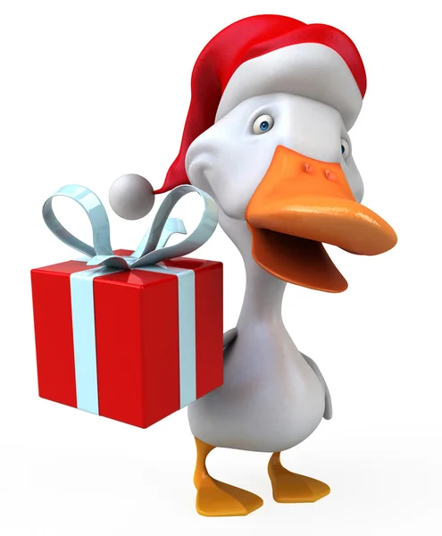 Fun duck in Santa's hat with gift — Stock Photo, Image