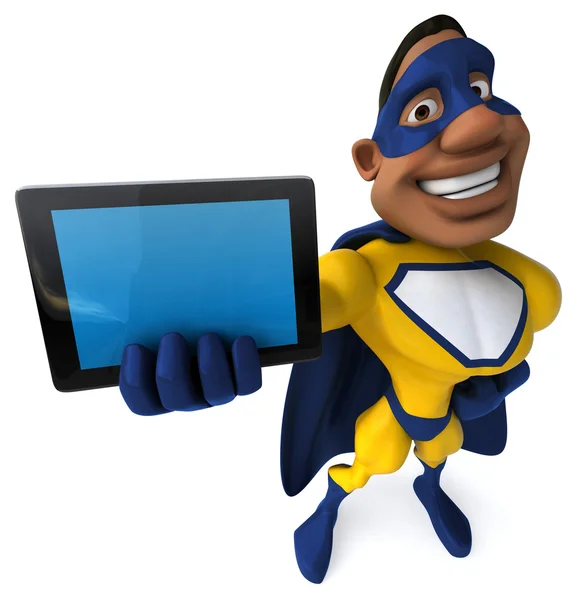 Spaß-Superheld mit Tablet-Computer — Stockfoto
