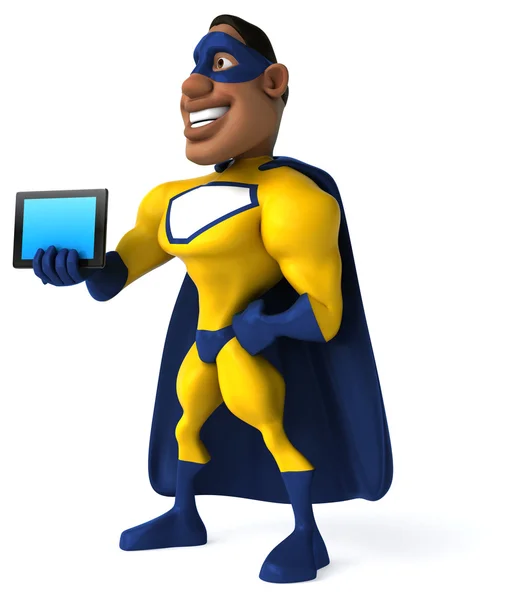 Веселый супергерой с планшетным компьютером — стоковое фото