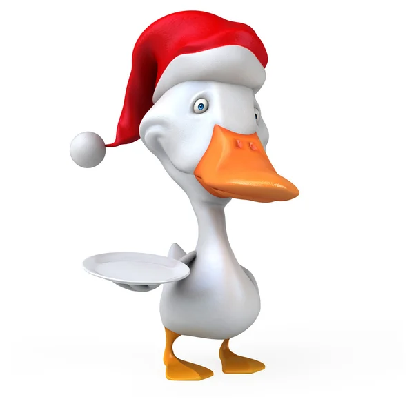Pato divertido no chapéu do Papai Noel com prato — Fotografia de Stock