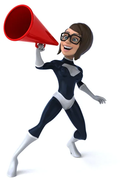 Divertido super-herói feminino com alto-falante — Fotografia de Stock
