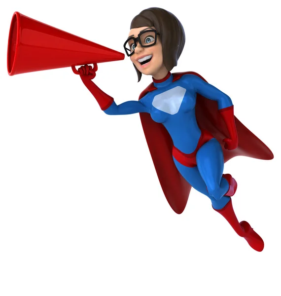 Spaß weibliche Superheldin mit Lautsprecher — Stockfoto