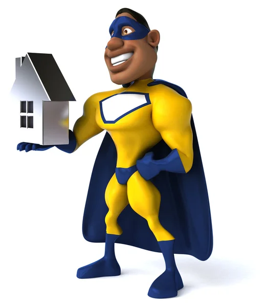 Fun superhero with model of house — Stock Photo, Image