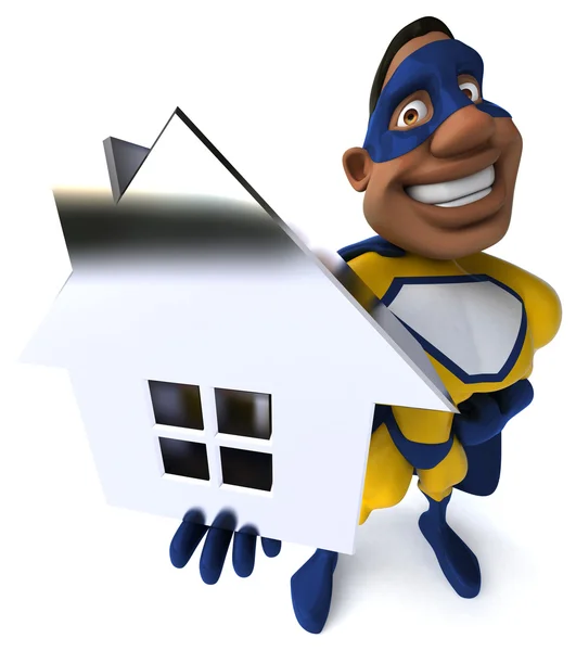 Spaß Superheld mit Modell des Hauses — Stockfoto