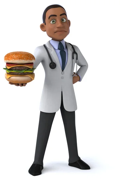 Divertido doctor con hamburguesa —  Fotos de Stock