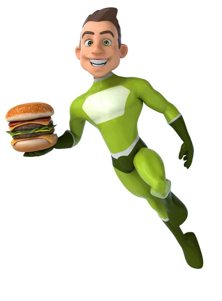 Superhero 3d with burger — Stock Photo, Image