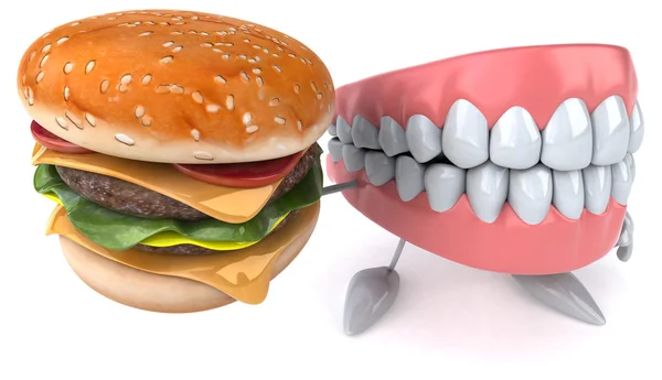有趣的牙齿与汉堡 — 图库照片