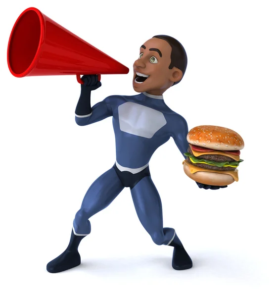 Superhero 3d with burger — Stock Photo, Image