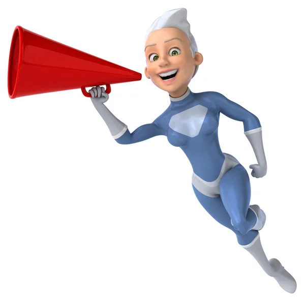 Fun female superhero and loudspeaker — Stock Photo, Image