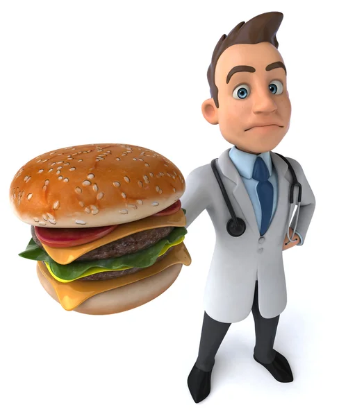Zábavné doktor s burger — Stock fotografie