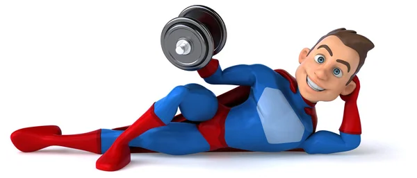 Fun superhero with weights — Stock Photo, Image