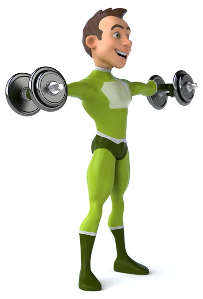 Fun superhero with weights — Stock Photo, Image