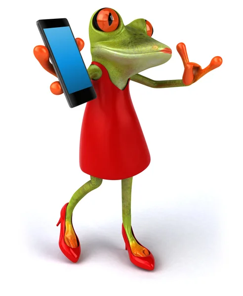 携帯電話と赤いドレスで楽しいカエル — ストック写真