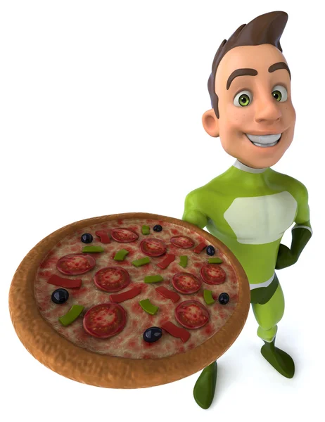 Fun superhero with pizza — Stock Photo, Image