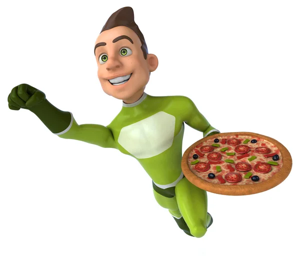 Fun superhero with pizza — Stock Photo, Image