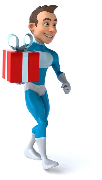 Веселий супергерой з подарунком — стокове фото