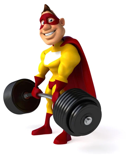 Fun superhero with weights — Stock Photo, Image