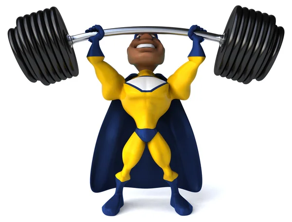 Fun superhero with weights — Stock Photo, Image