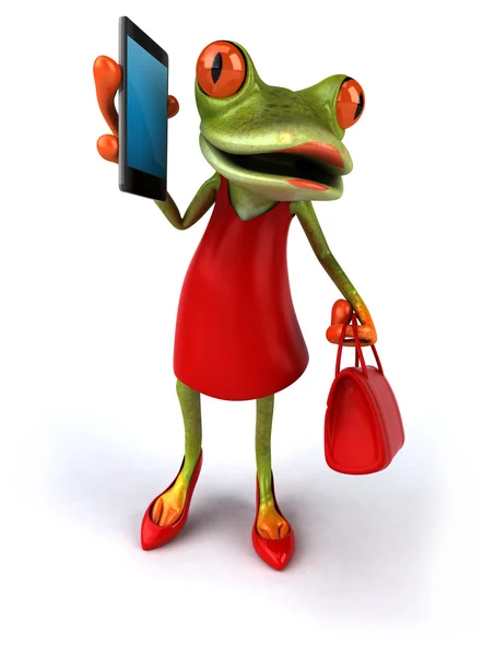 Zábavné žába v červených šatech s telefonem — Stock fotografie