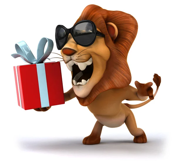Fun lion with gift — Stock Photo, Image