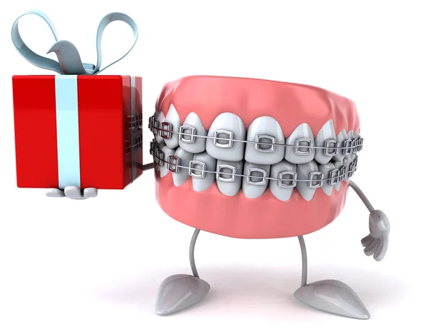 Fun teeth with gift — Stock Photo, Image