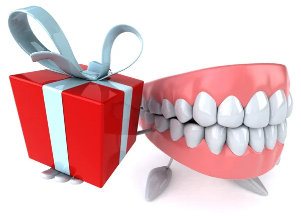 Fun teeth with gift — Stock Photo, Image