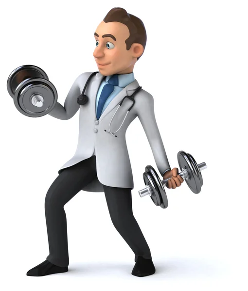 Fun doctor with weights — Stock Photo, Image