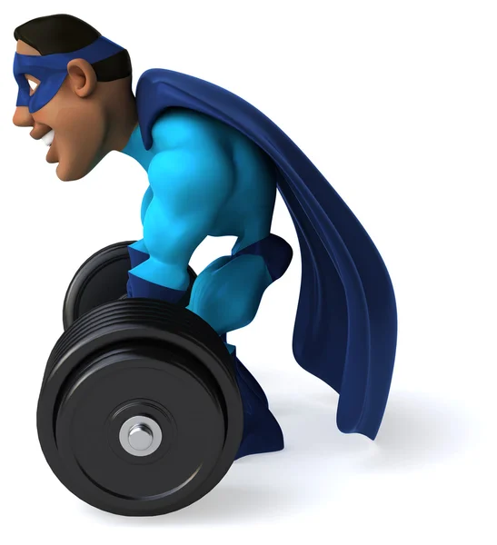 Fun superhero with weights — Stock Photo, Image