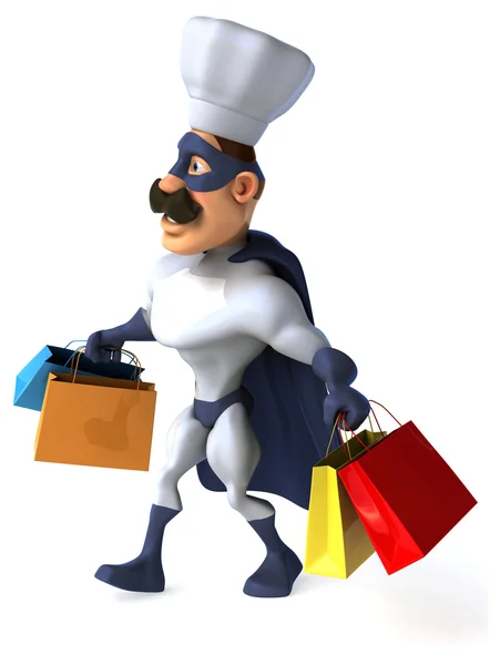 Divertido chef superhéroe con bolsas de compras —  Fotos de Stock