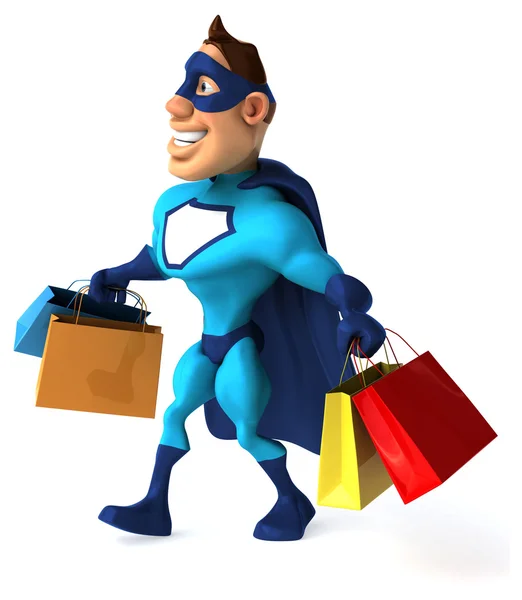 Fun superhero with shopping bags — Stock Photo, Image