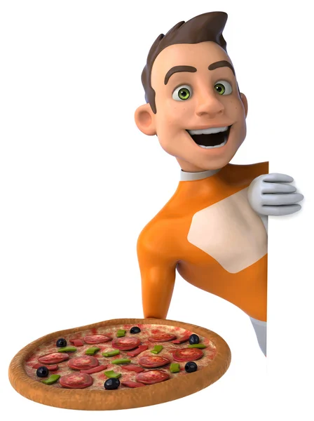 Fun superhero with pizza — Stock Photo, Image