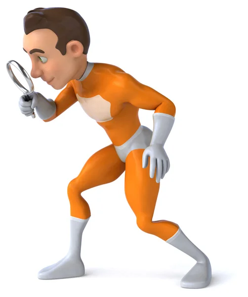 Fun superhero with magnifying glass — Stock Photo, Image