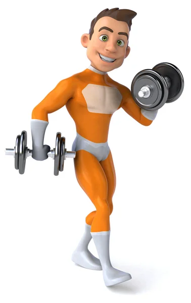Fun superhero with weights — Stock Photo, Image
