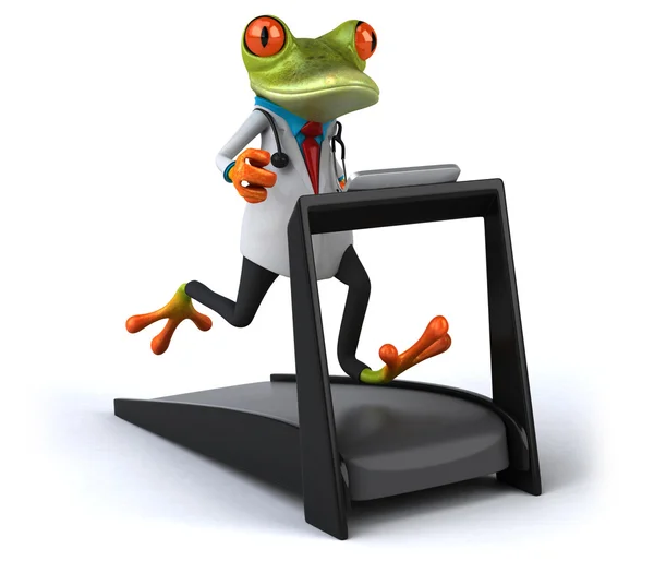 Koşu bandı üzerinde eğlenceli doktor kurbağa — Stok fotoğraf