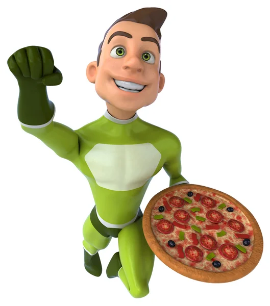 Fun young man superhero with pizza — Stock Photo, Image