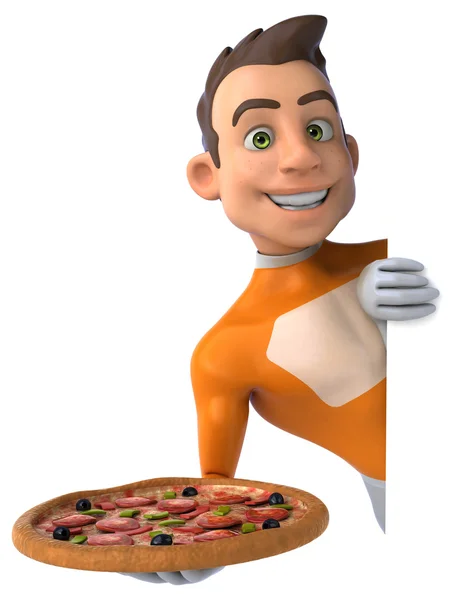 Fun young man superhero with pizza — Stock Photo, Image