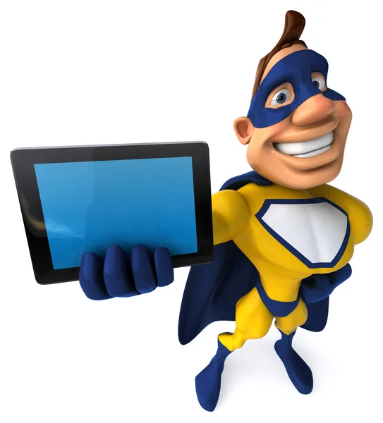 Superhéroe divertido con Tablet PC — Foto de Stock