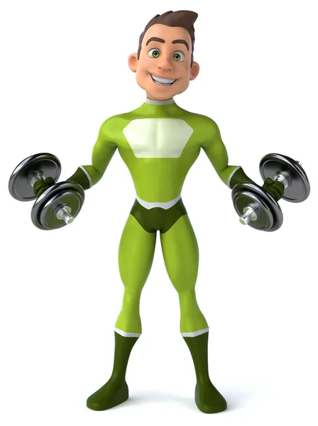 Fun superhero with weights — Stock Photo, Image