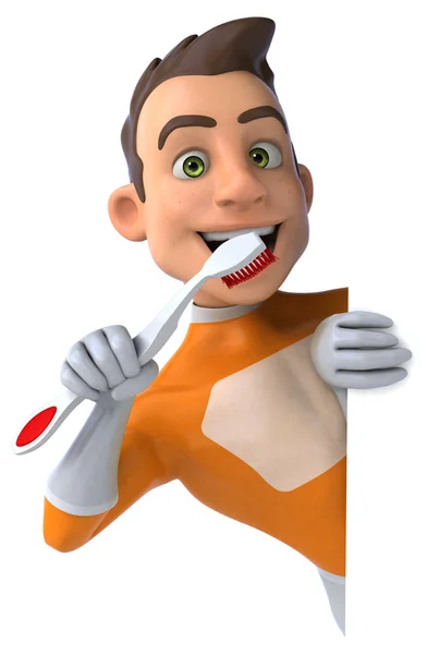 歯ブラシを持つスーパー ヒーローを楽しい — ストック写真