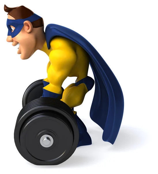 Fun superhero with weights — Stock Photo, Image