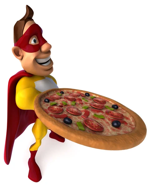 Divertido super-herói dos desenhos animados com pizza — Fotografia de Stock