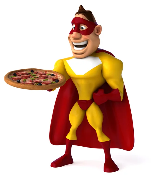 Fun cartoon superhero with pizza — Stock Photo, Image