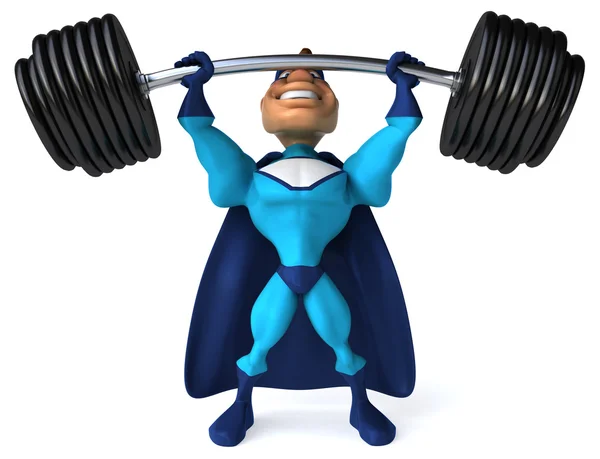 Fun superhero with   barbell — Stock Photo, Image