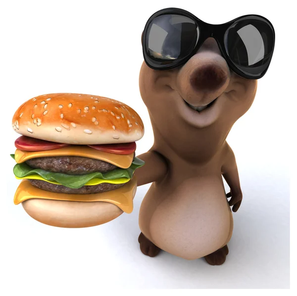 Urso divertido com hambúrguer e óculos de sol — Fotografia de Stock