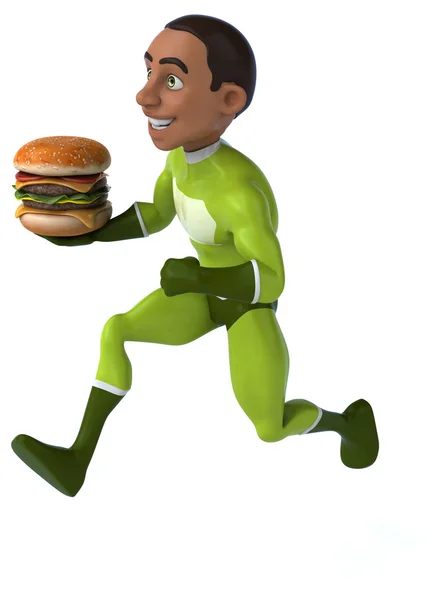 Fun superhero   with  hamburger — Stock Photo, Image